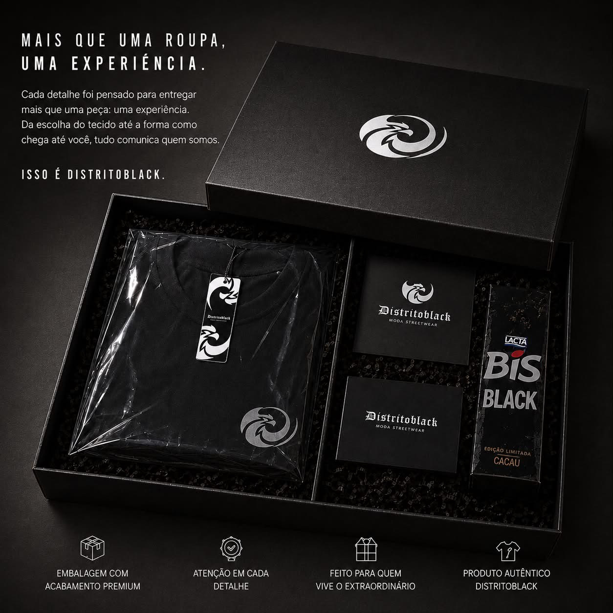 Embalagem premium da Distrito Black com camiseta, tag e cartão